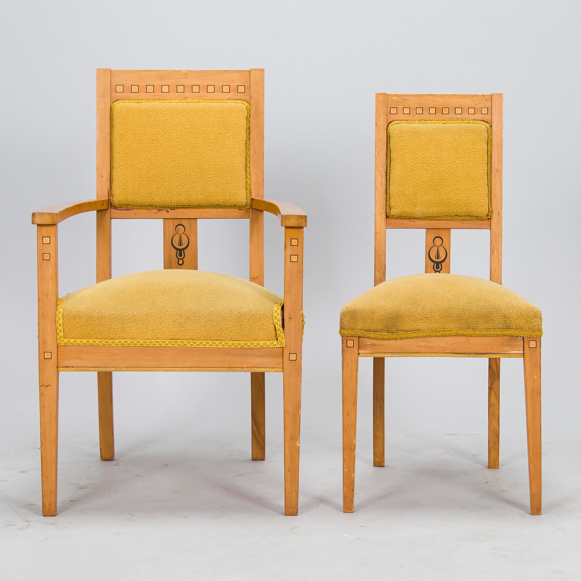 Fåtöljer, ett par och stolar, 4 st, tidigt 1900-tal.