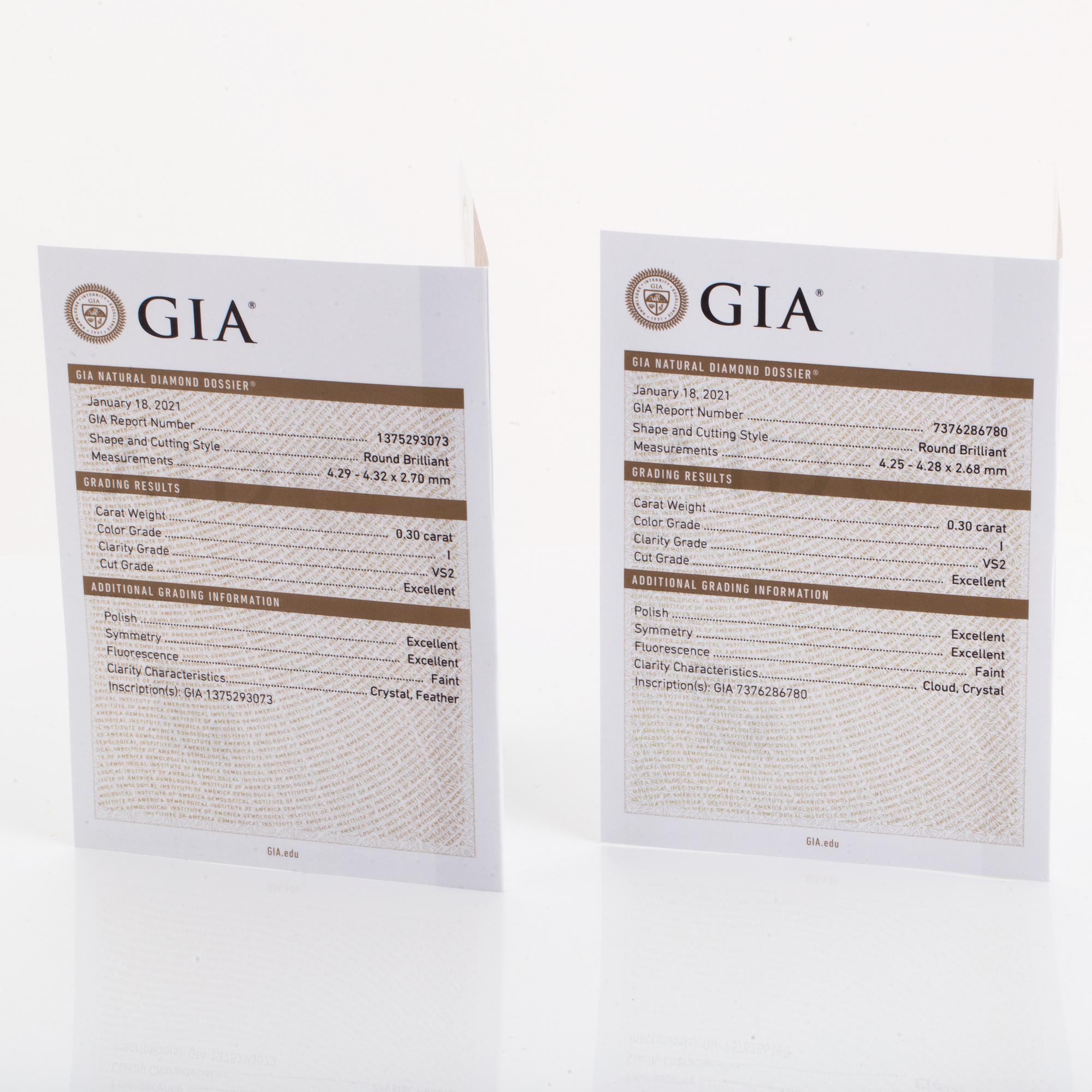 Brilliant-cut diamond stud earrings, total 0,60 ct, with GIA dossier.