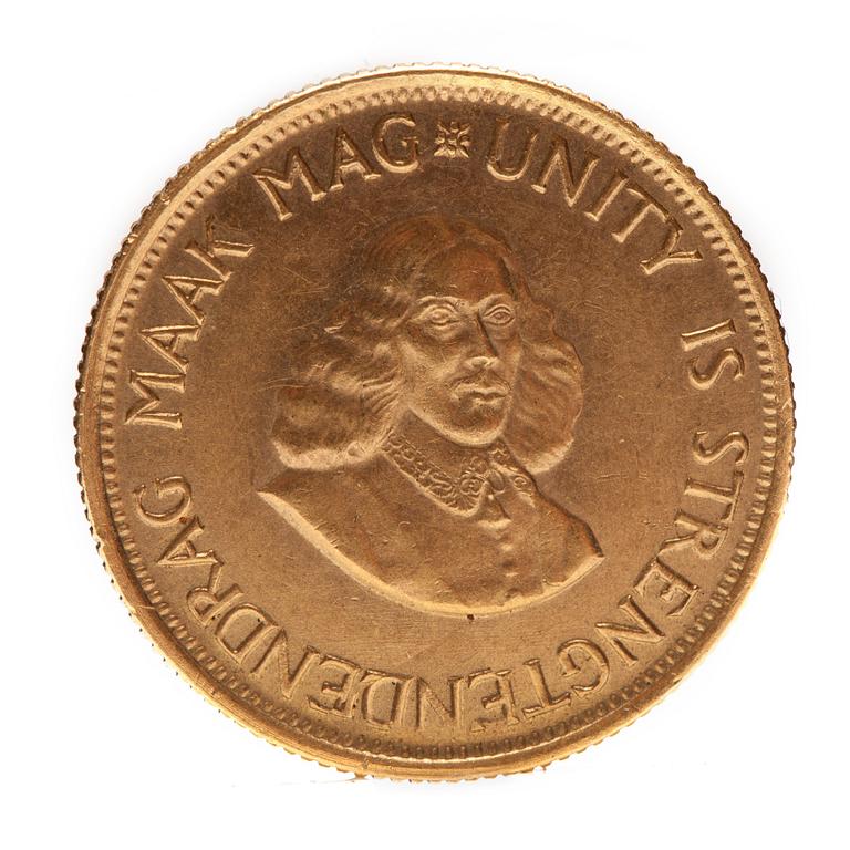 GULDMYNT, finguld, Krugerrand, Sydafrika, 1974. Vikt ca 8 g.