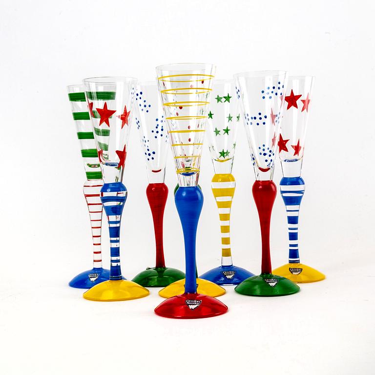 Anne Nilsson, a set of eight signed handpainted snaps glass from Orrefors.