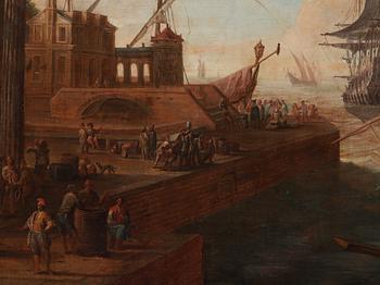 Abraham Storck Hans krets, Sydländsk hamnbild med figurer och fartyg.