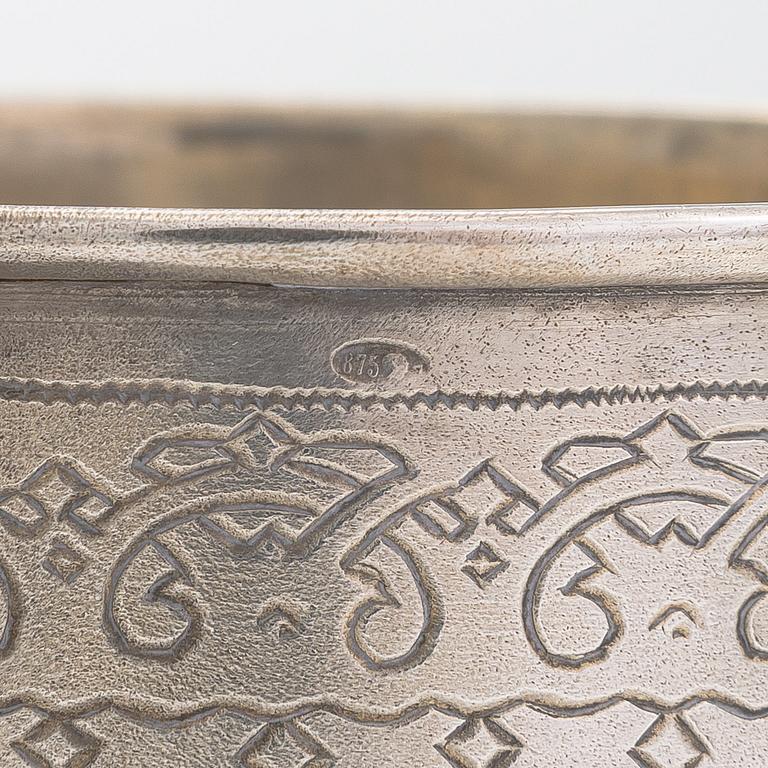 Two 19th-century silver tea glass holders, Moscow 1879 and 1894.