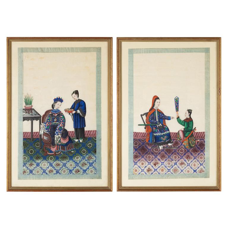 A pair of Chinese gouache paintings on ricepaper, Qing dynasty, 19th century.