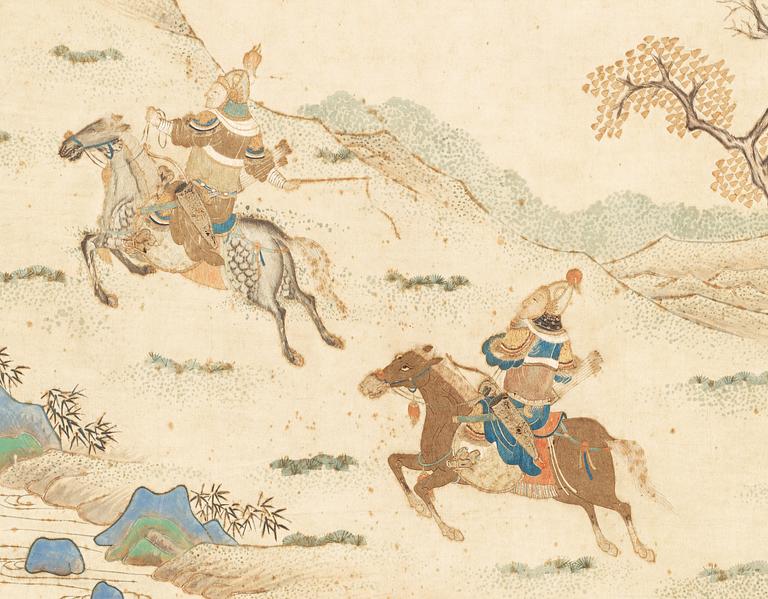 BRODERI OCH BEMÅLNING. Kina 1800-tal. 210 x 48 cm.