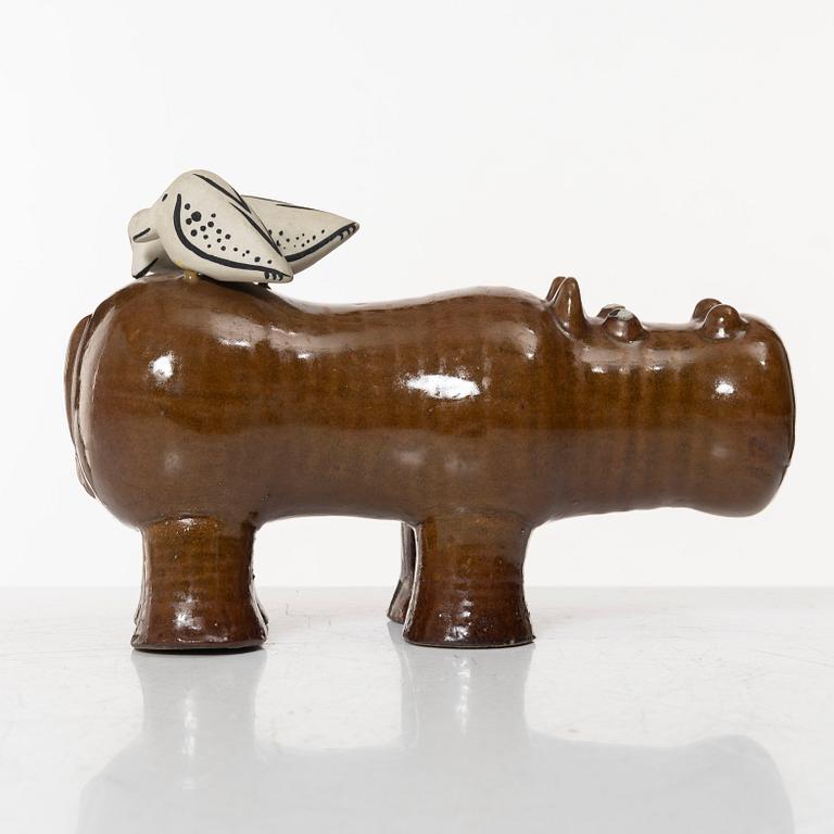 Lisa Larson, a 'Flodhäst med fåglar' (Hippo with Birds) figurine, Gustavsberg, Sweden.