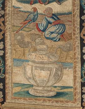 EMBROIDERY. Cross stitches and petit point. 267,5 x 162,5 cm. Probably England, around 1700.