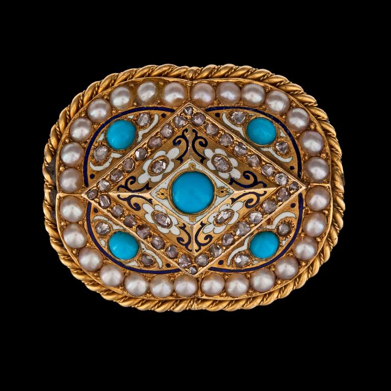 BROOCH, enamel, rose cut diamonds and natural pearls, ca 1900.