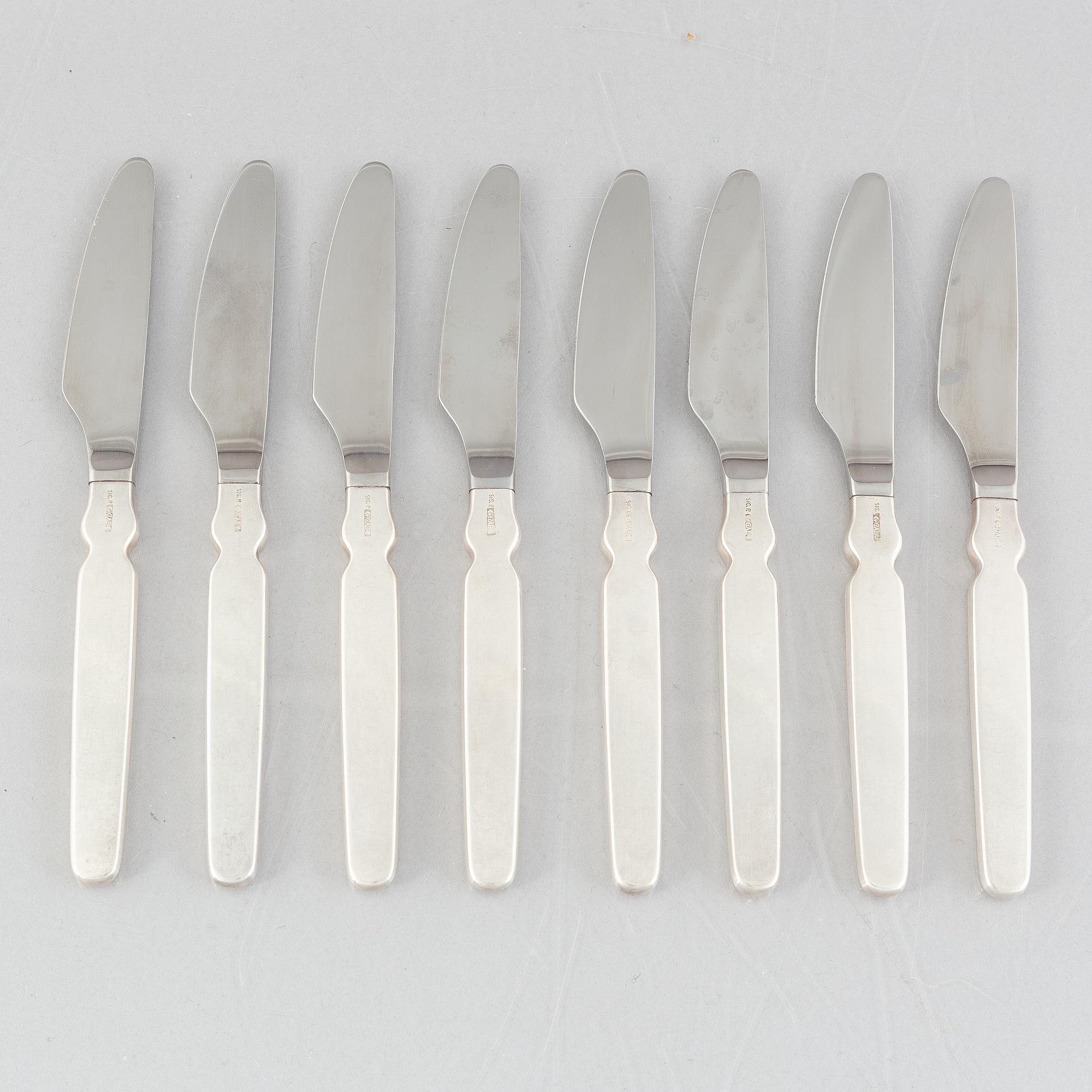 Sigurd Persson, knivar, 8 st, silver, modell "Sjösala", GAB, Eskilstuna 1977.