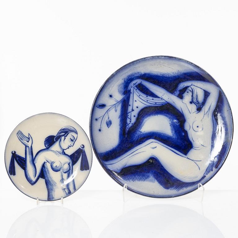 Tyra Lundgren, two stoneware dishes, Rörstrand, 1930's.