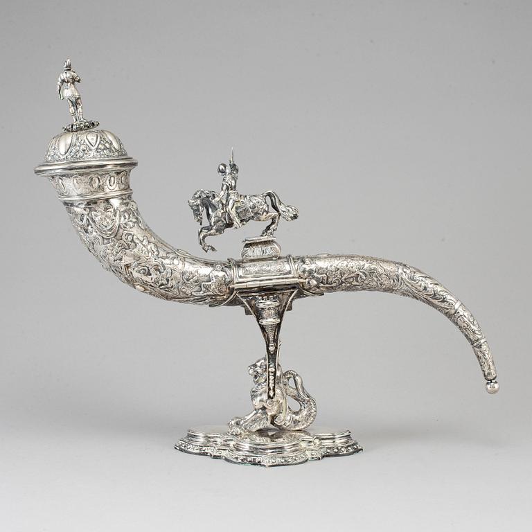 A German silver drinking horn, JD Schleissner & Söhne, Hanau around 1900.