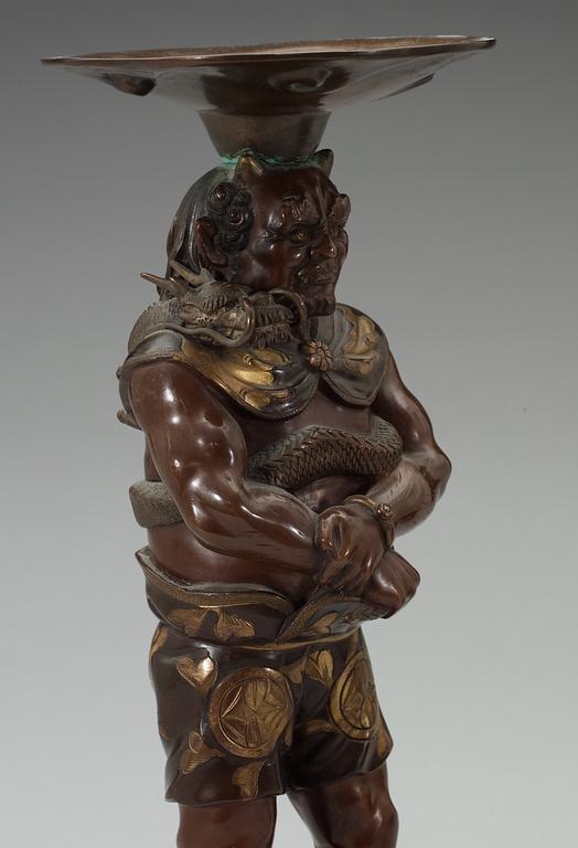 A Japanese bronze sculpture with a bowl, Meiji.