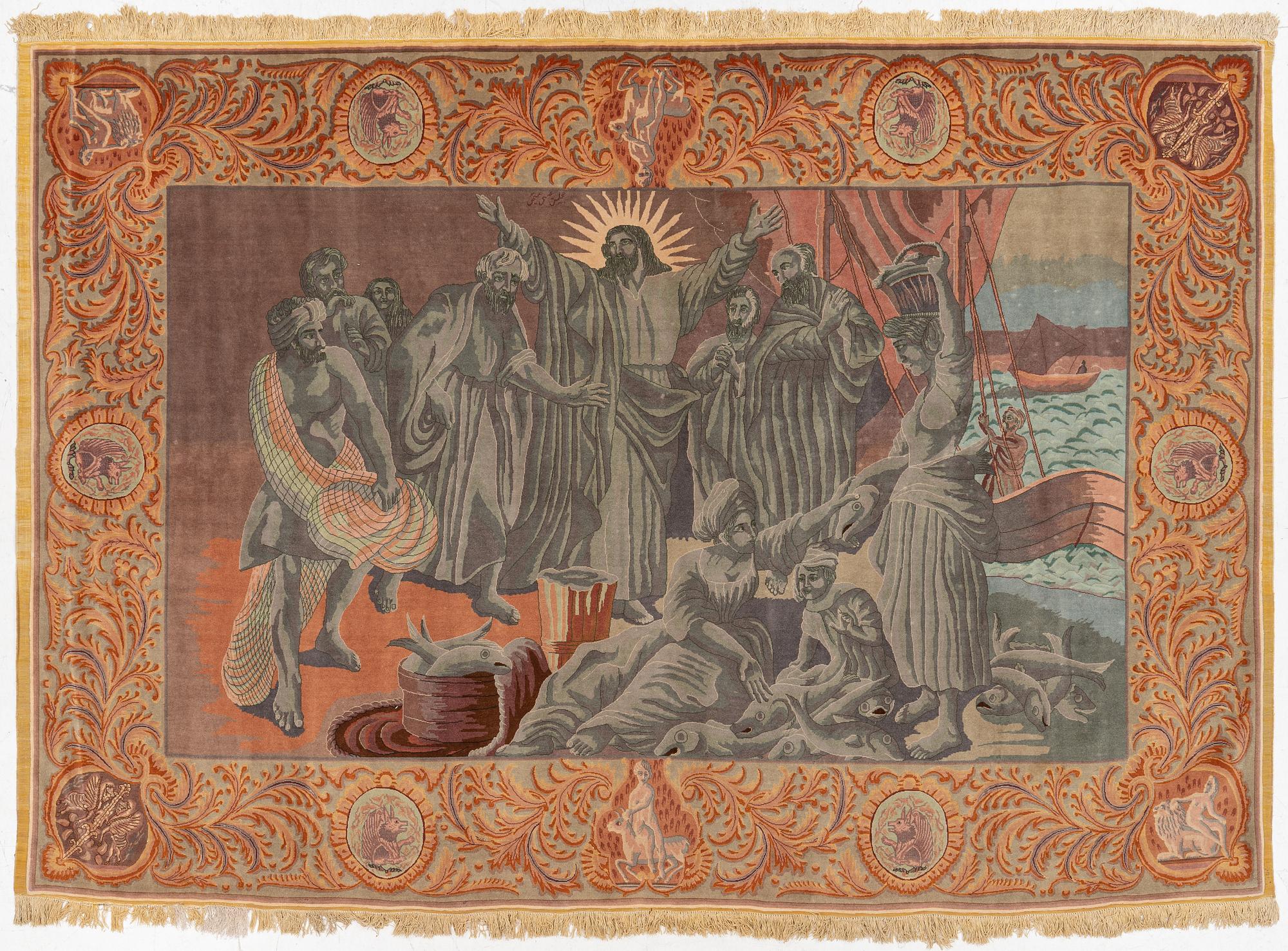 Matta, old figural Täbris, Västra Persien, ca 274 x 190 cm.
