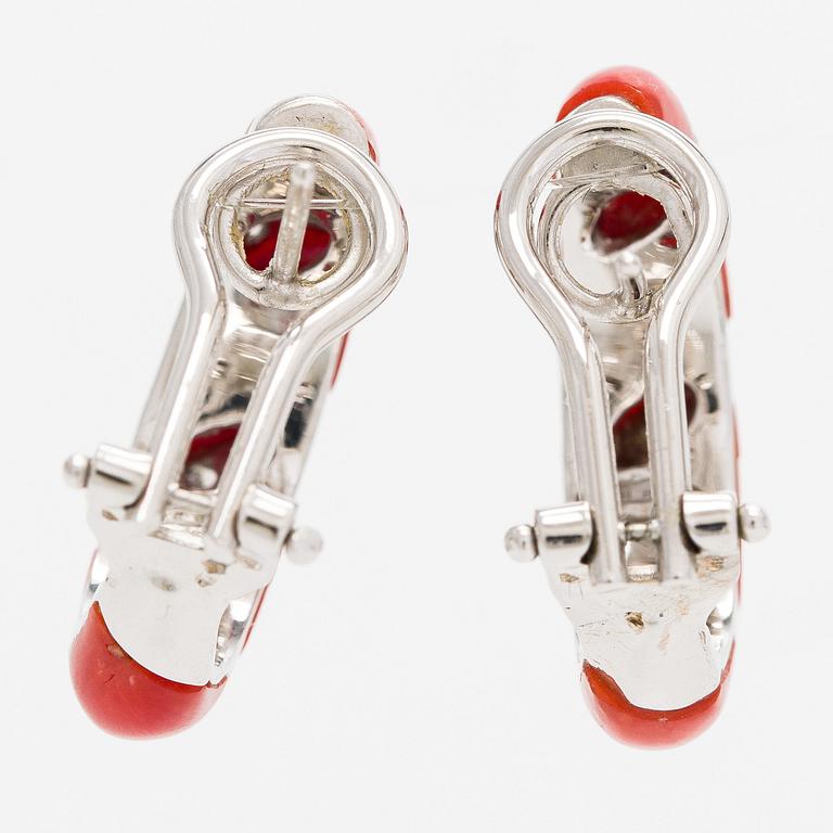 Earrings, coral, 18K white gold, brilliant-cut diamonds, Italy.