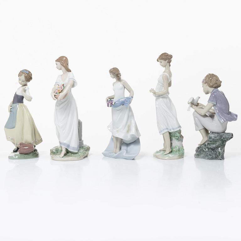 Lladró, figurines, 5 pcs, "Flowers for goddess", "Clumsy me", "Playing with doves", "Blissful youth", "Garden of Athens".