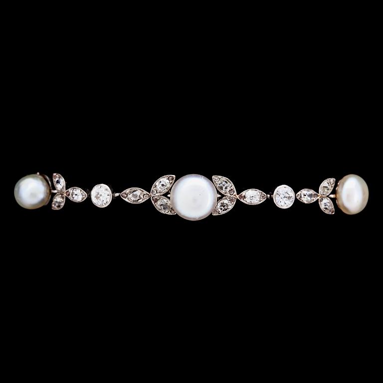 An old -and antique cut diamond and natural pearl bracelet.