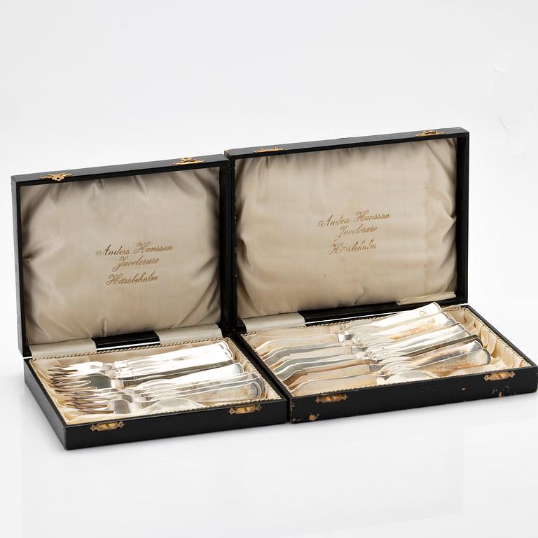Jacob Ängman, fiskbestick, 24 delar, silver, modell Rosenholm, GAB, Stockholm, 1936.