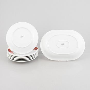 Six porcelain crayfish plates and a serving platter, Rörstrand, Sweden, late 20th century.
