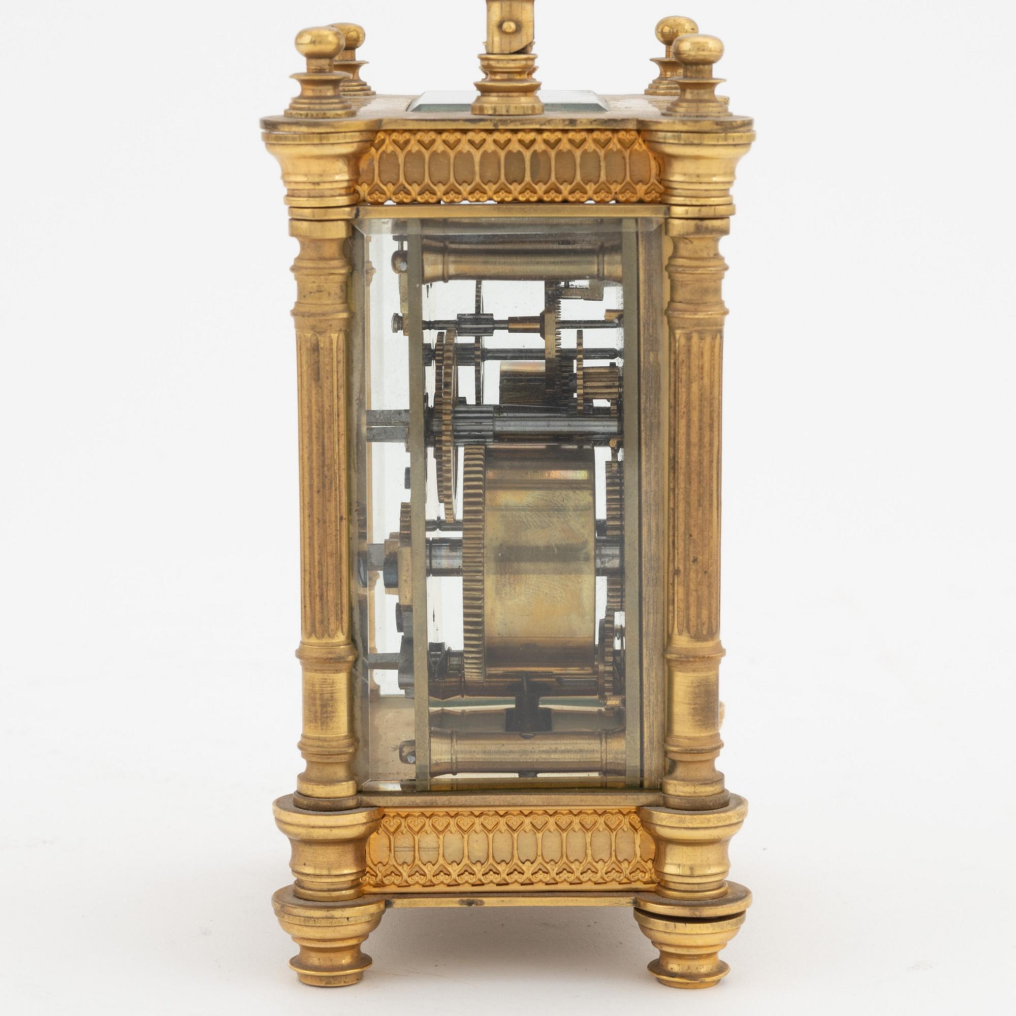 A brass carriage clock, Duverdrey & Bloquel, France, around the year 1900.