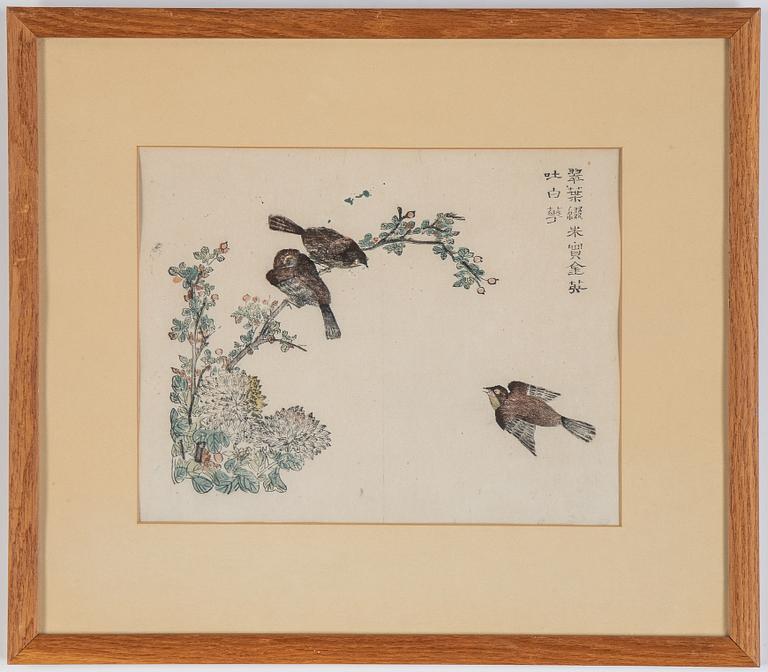 Three Chinese colour woodblock prints from album, early 20th century.