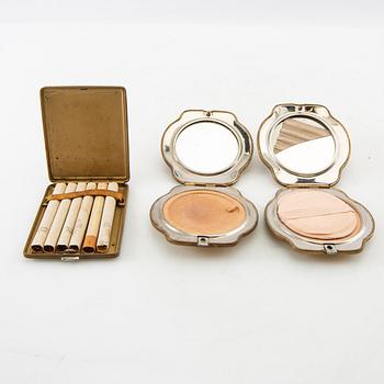 Powder boxes, a pair, and a cigarette case, early 20th century.