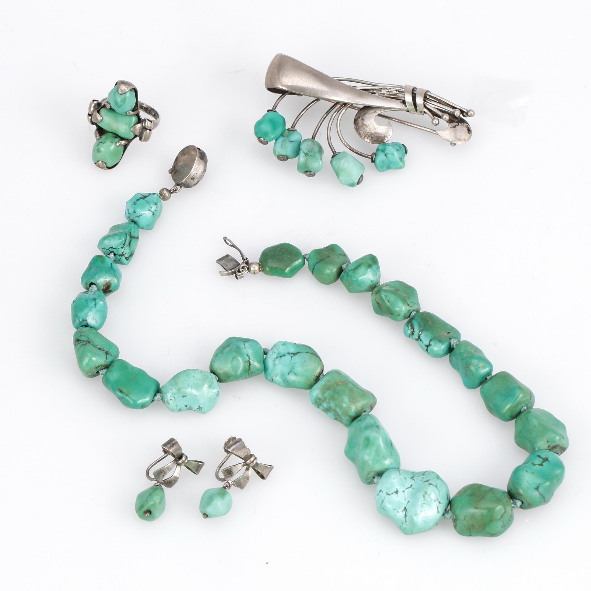 SMYCKESSET, 4 delar, turkoser och silver, bla JAT, Finland, 1948.