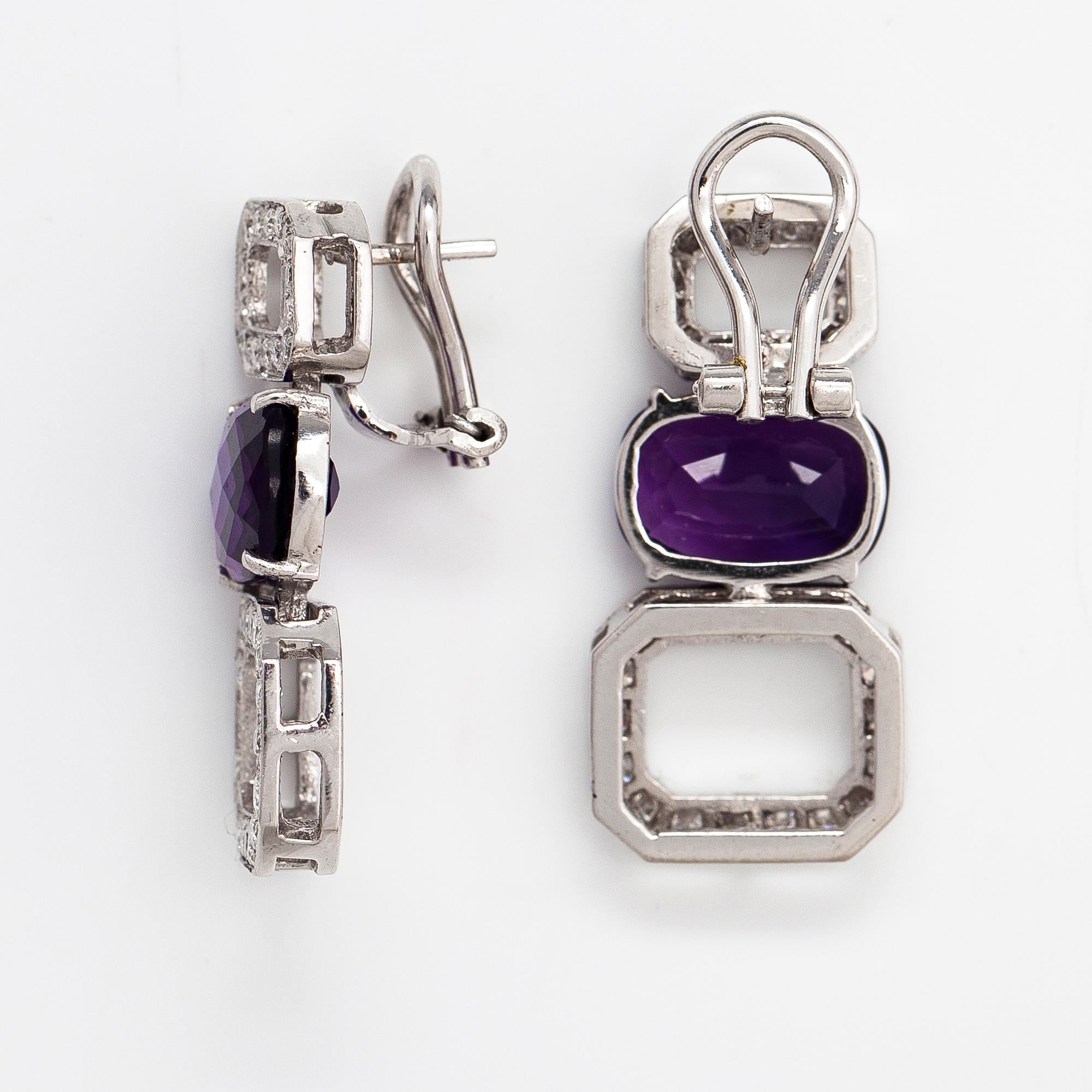 A pair of 18K white gold earrings with amethysts and diamonds ca. 1.24 ct in total. Italy.