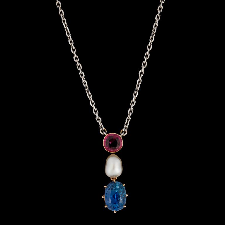 A ruby, sapphire and pearl pendant.