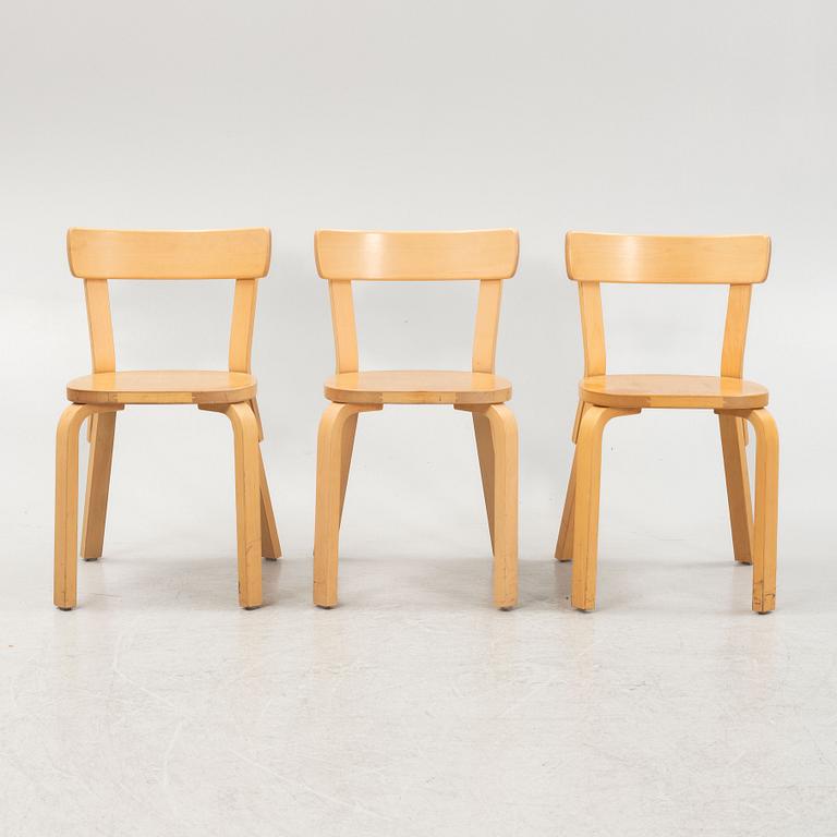 Alvar Aalto, a set of three model 69 chairs, Artek, Finland.