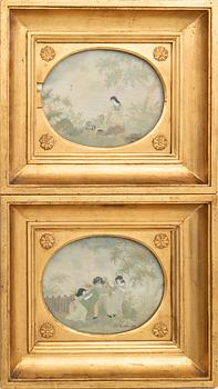 Embroidered pictures a pair of late Gustavian early 19th century.