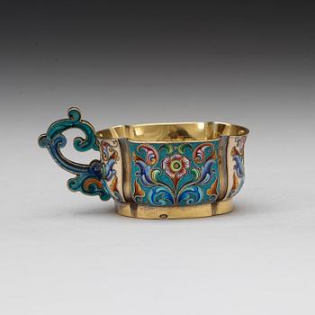 A Russian early 20th century silver-gilt and enamel charka, marks av Fedor Rückert, Moskva 1899-1908.