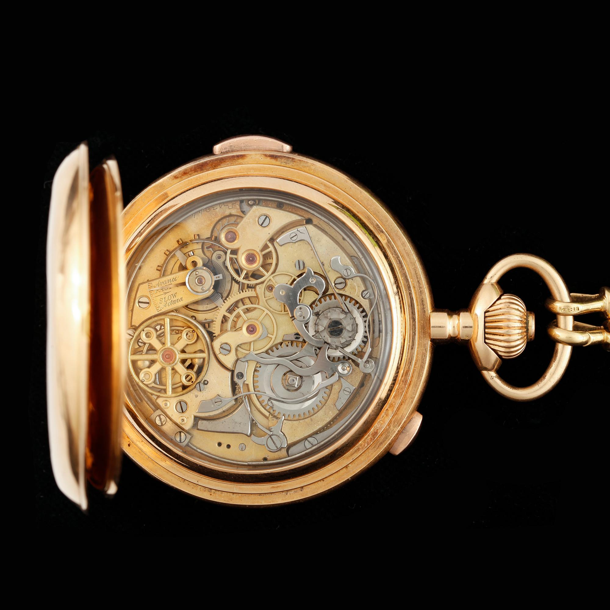 HERRFICKUR MED KRONOGRAF OCH REPETITION samt KLOCKKEDJA, guld 18k, La Maisonnette. Tot ca 174 gram.