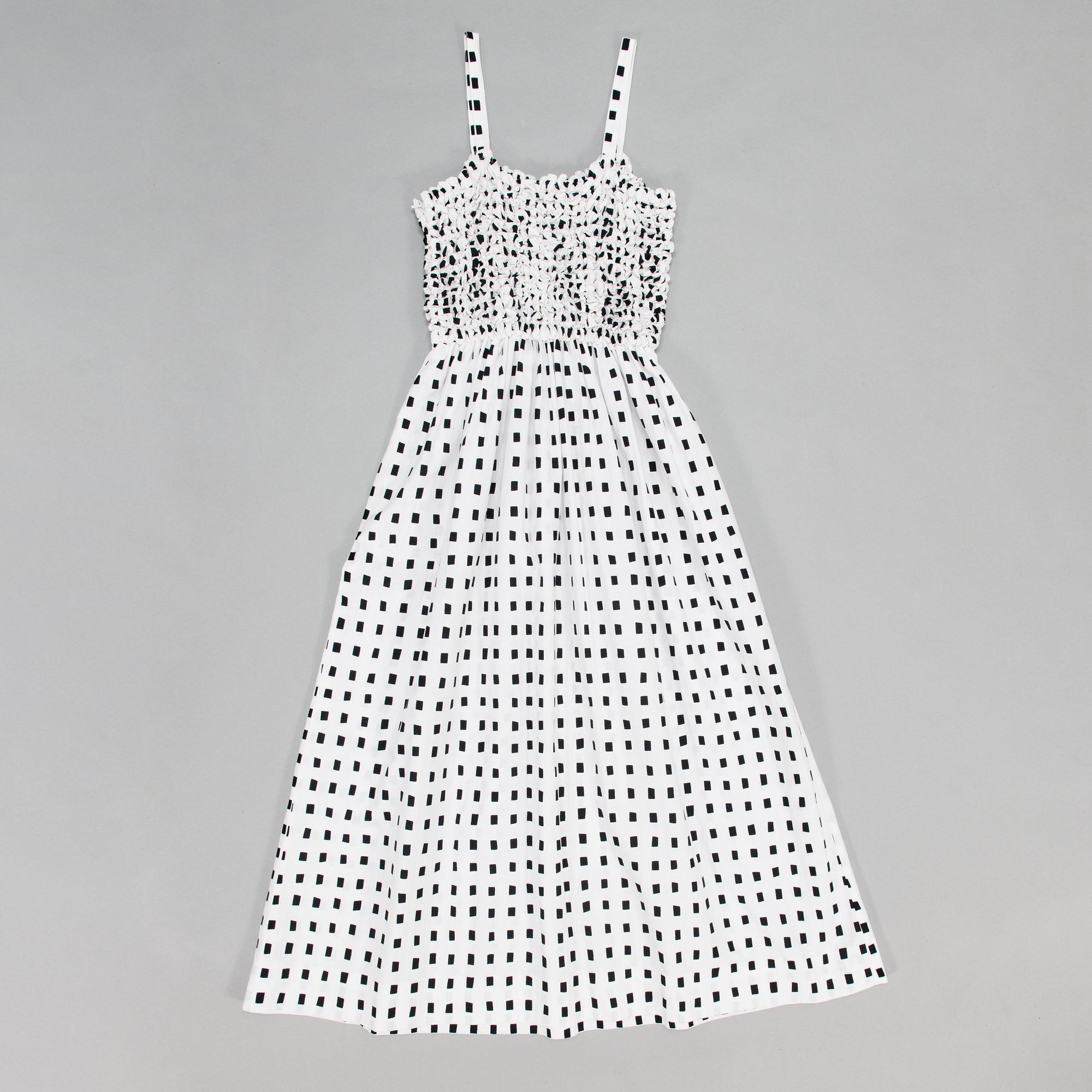 Marimekko, "Suhina" mekko, kuvio "Sokkoruutu", suunnitellut Pentti Rinta, 1976.