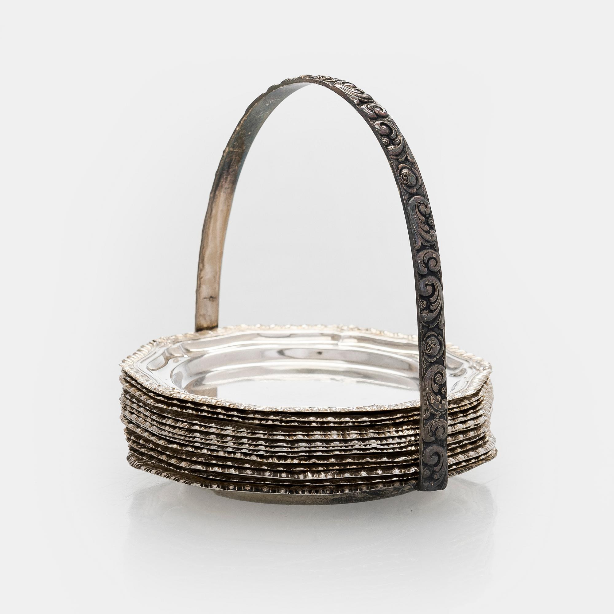 Lasinaluset telineessä, 12 kpl, hopeaa, Tšekkoslovakia 1950-luku.