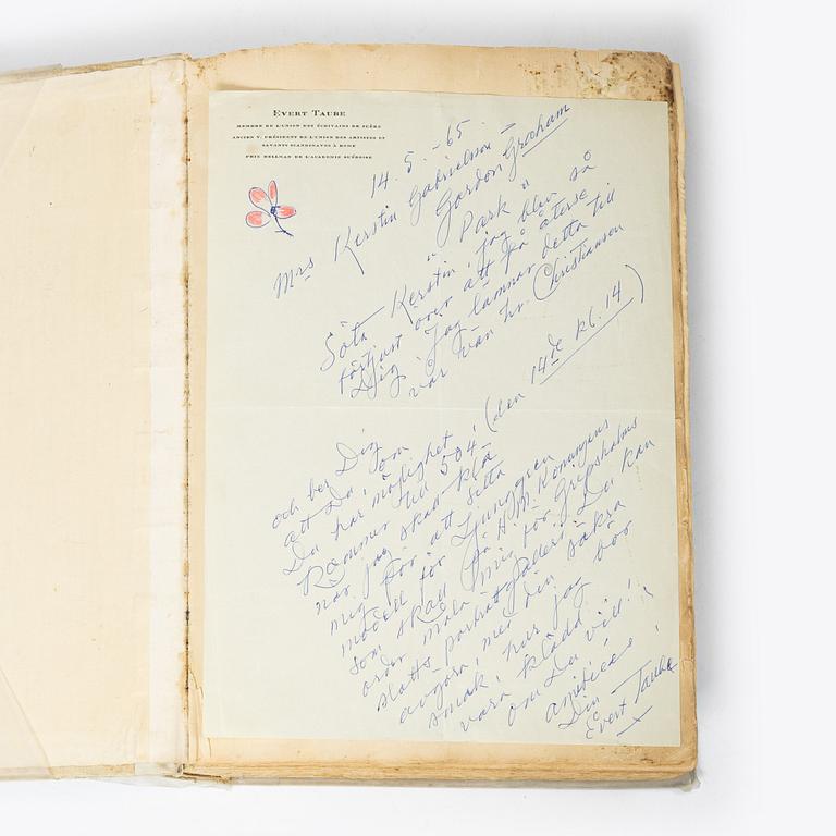 Hjalmar Gabrielssons gästbok, 1926 - 1994, samt brev från Evert Taube, 1965.