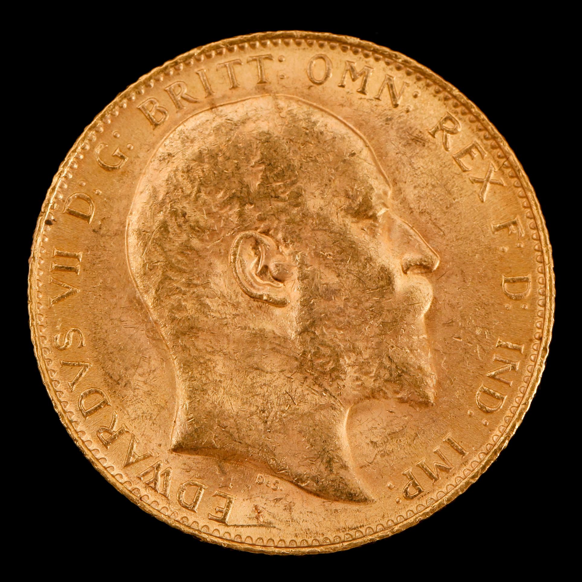 GULDMYNT, sovereign, Edward VII, Storbritannien, 1910. Vikt ca 8 g.