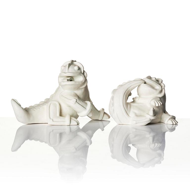 Wilhelm Kåge, a set of two stoneware sculptures of dragon puppies, Gustavsberg, 1940s.