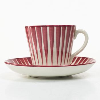 Eugen Trost, Three 'Red Zebra' cream-ware coffee cups on saucers, Uppsala-Ekeby Gefle.