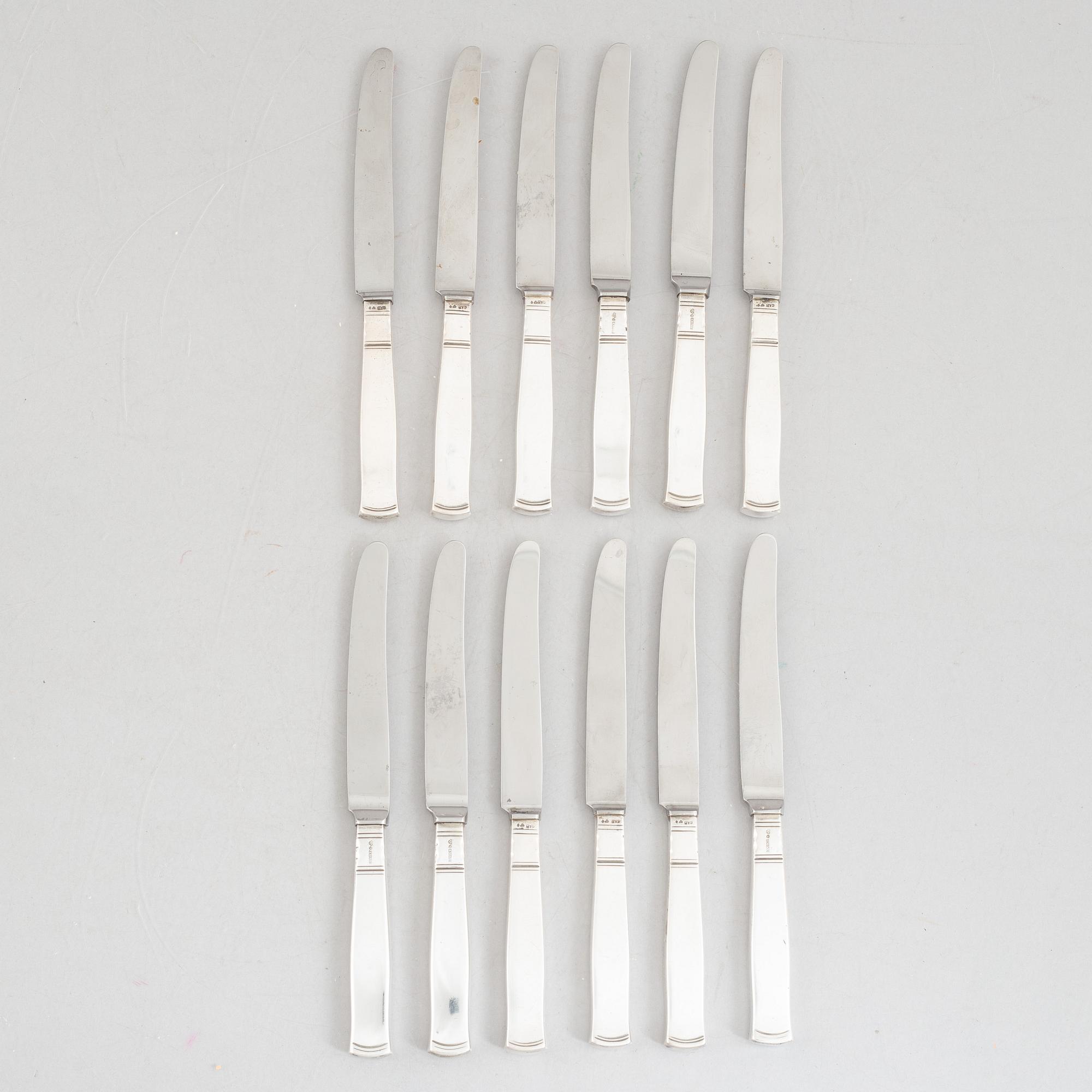 Jacob Ängman, twelve silver table knives, model 'Rosenholm', GAB, Eskilstuna and Stockholm, some 1987.