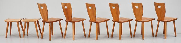 STOLAR samt PALLAR, 8 delar, "Sörgården", Carl Malmsten, formgiven 1963.