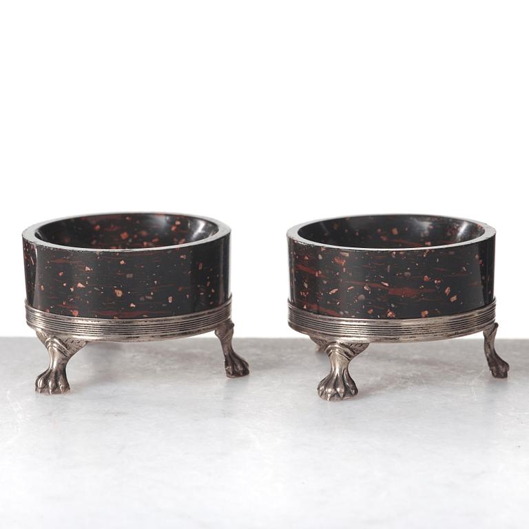 A pair of late Gustavian porphyry and silver salts. Silver maker's mark by Adam Tillström, Växjö 1799.