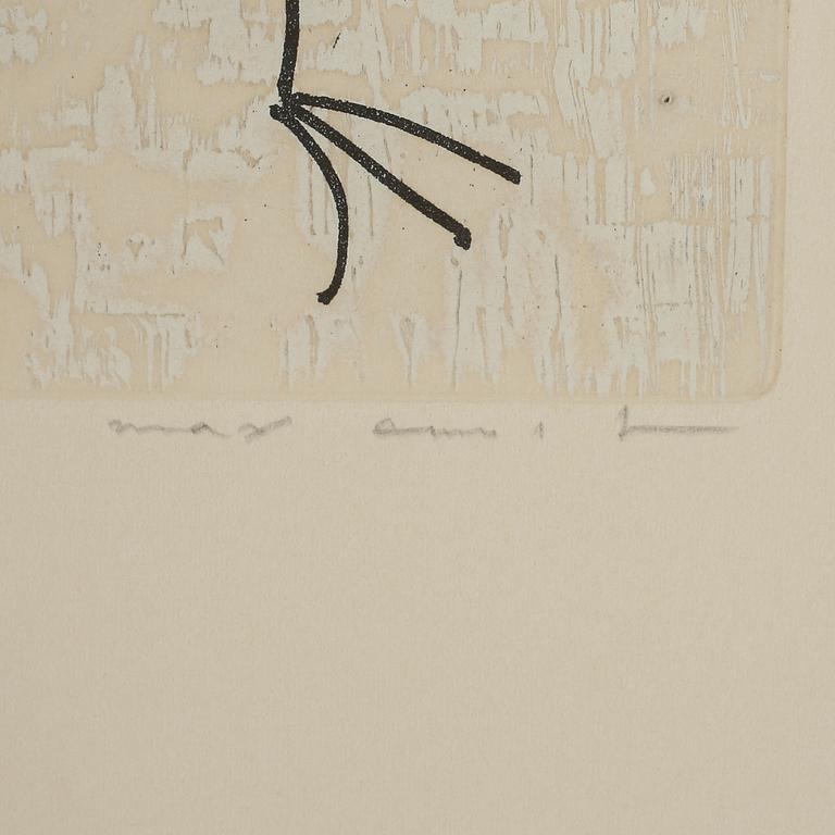 MAX ERNST, färgetsning med collage signerad med blyerts 23/100. Utförd 1975.