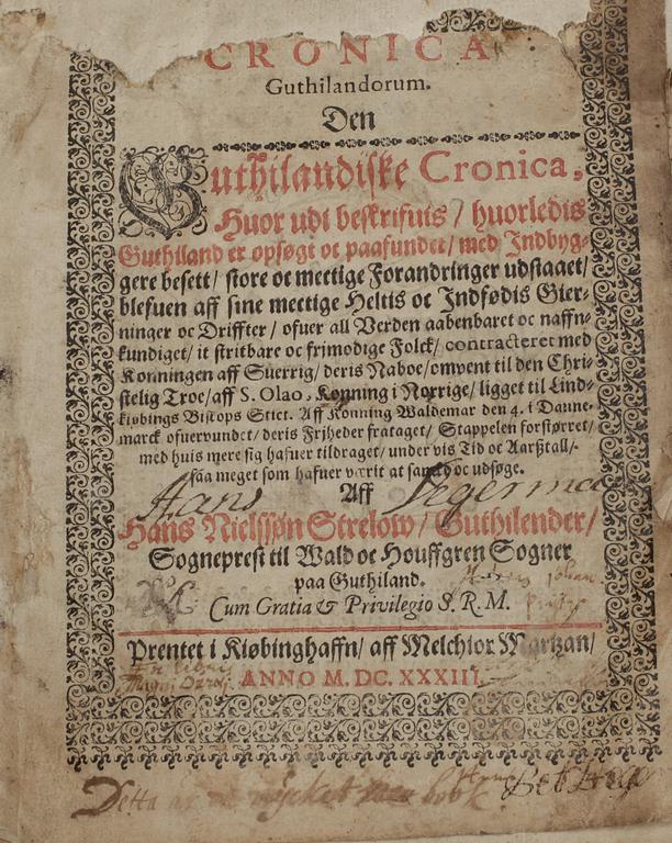 BOK, "Cronica Guthilandorum" av Hans Strelow, Köpenhamn 1633.