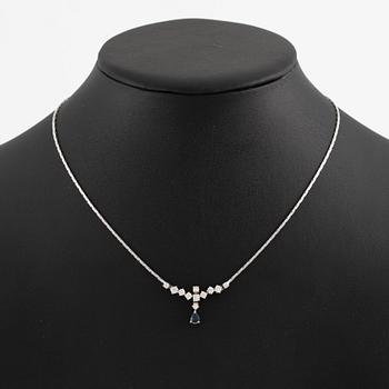 Necklace, 14K white gold with brilliant-cut diamonds and drop-cut blue sapphire.