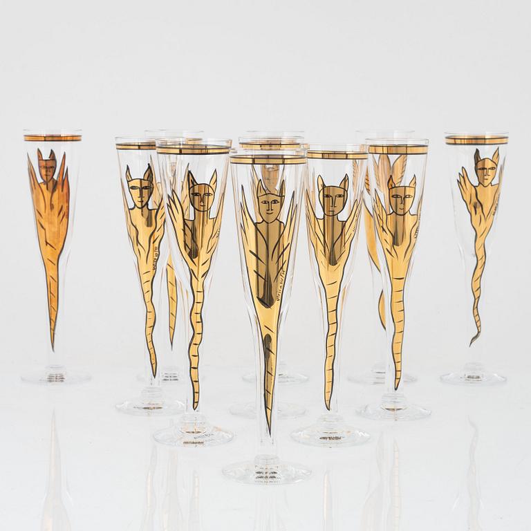 Ulrica Hydman-Vallien, champagneglas, 11 st, "Goldie", Kosta Boda.