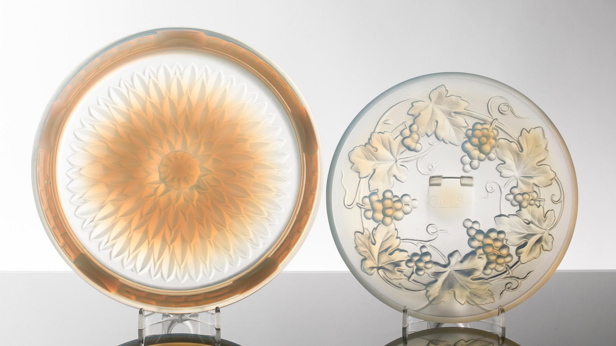 TWO FRENCH GLASS DISHES BY CESARO AND SABINO.