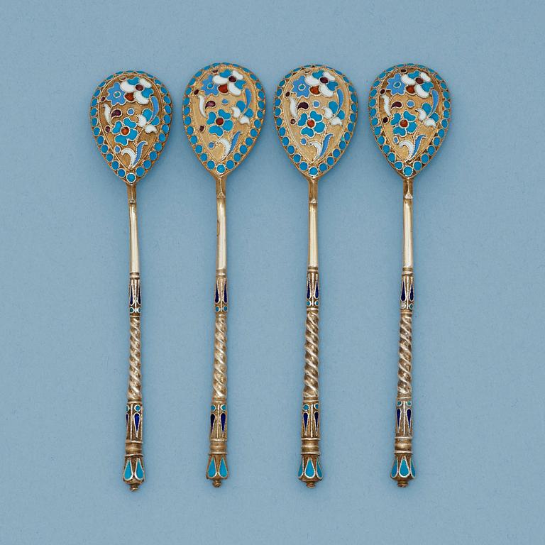 A set of four Russian silver-gilt and enamel coffee-spoons, unidentified makers mark, Moscow 1899-1908.