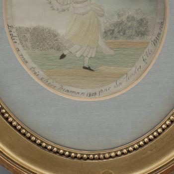 BRODERAD TAVLA, siden, troligen Frankrike, bär datering 1808.