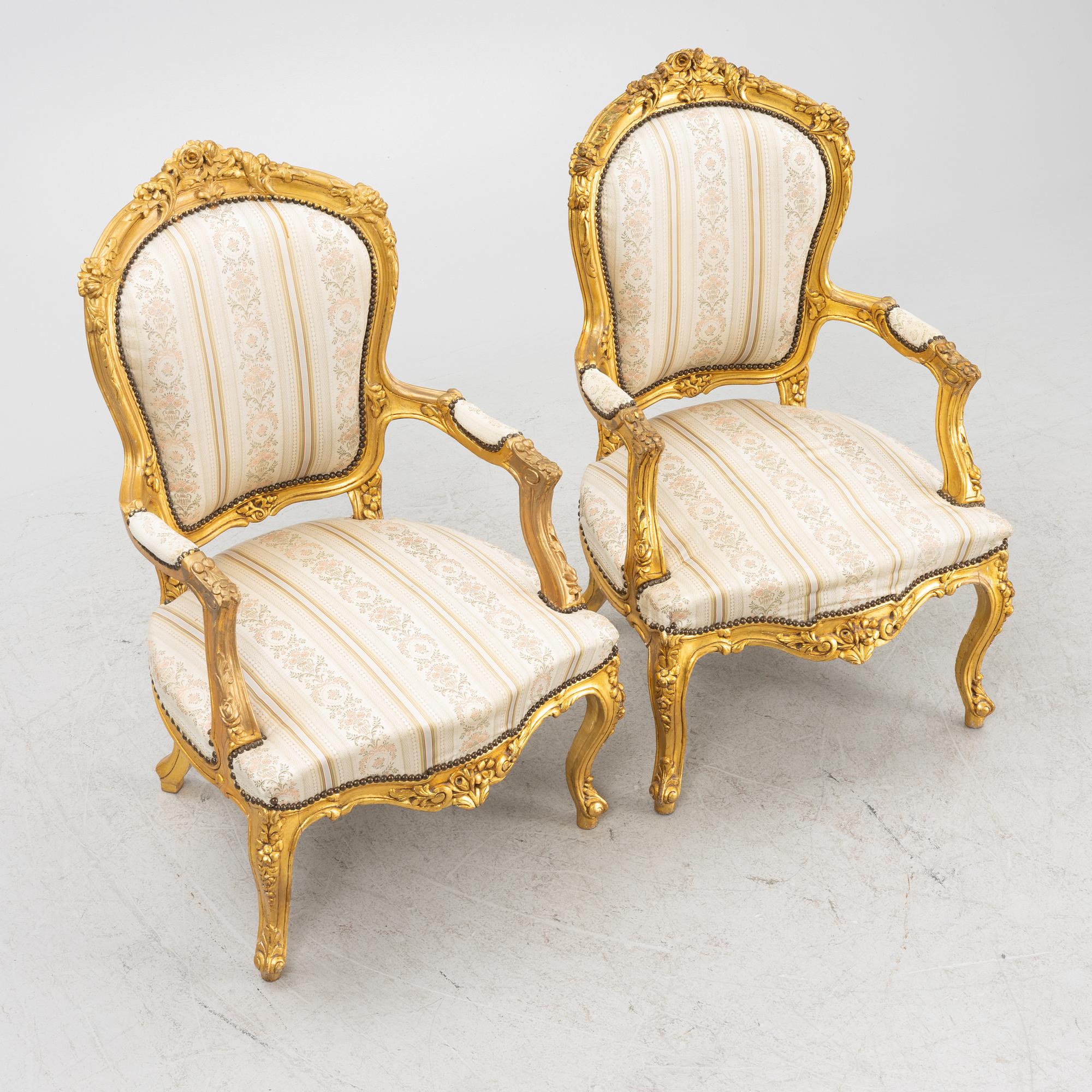 Sofa and a pair of armchairs, Rococo style, second half of the 20th century.