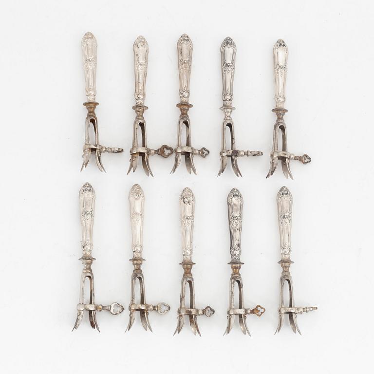 Kotletthållare, 10 st, silver, Frankrike, bl a Jules Langlois & Emile Leroux 1903-1912.