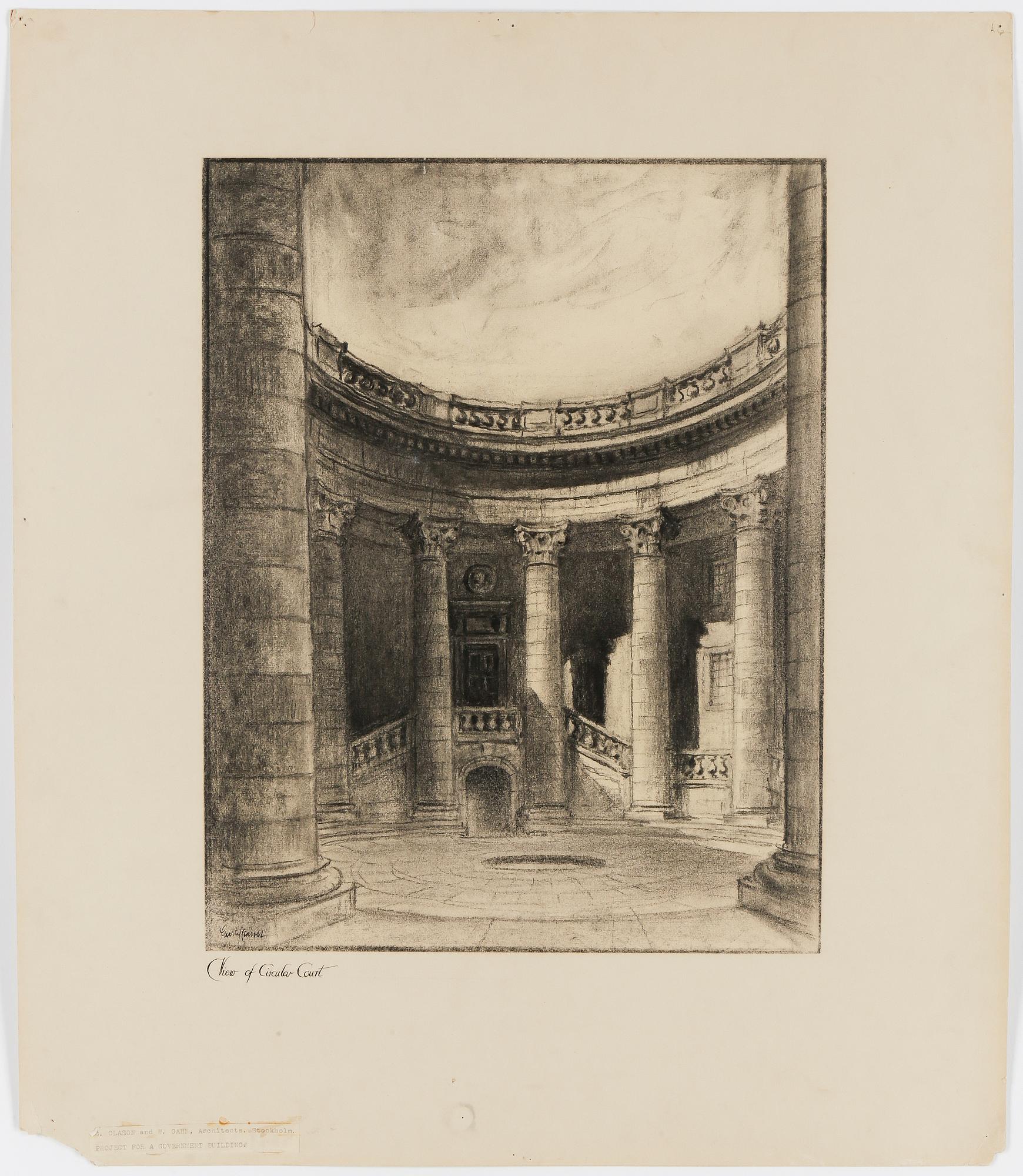 WOLTER GAHN/ISAC GUSTAF CLAESSON, teckning, ritningar, förslag till annex Riksdagshuset Stockholm, Mynttorget.